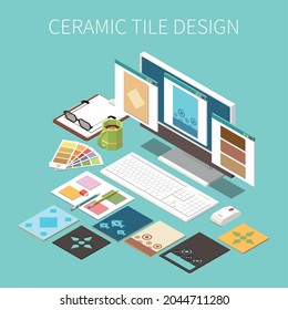 Ceramic Tile Design Background With Different Types And Colors Of Tiles On Pc Screen Isometric Vector Illustration