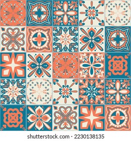 Ceramic tile design orange blue contrast color, square ceramic tiles in Azulejo style, vector illustration