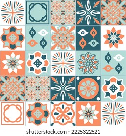 Diseño cerámico de azulejos de color azul naranja gris, azulejos cuadrados de cerámica de estilo Azulejo talavera español