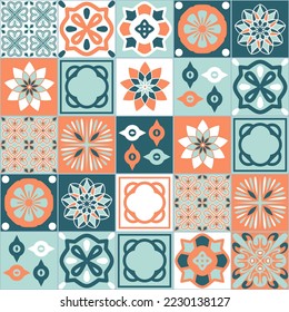 Ceramic tile design orange gray blue color, square ceramic tiles in Spanish Azulejo talavera style