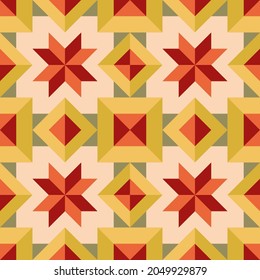 Ceramic tile floor background with classic pattern of stars, squares, triangles with 3d effect. Parquet pattern. Abstract geometric mosaic texture for patchwork, textille, home decor, interior 