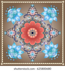 Ceramic tile with floral paisley pattern in form of medallion. Red and blue flower. Vector template. Interior design, bandanna, square carpet.