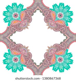 Ceramic tile, handkerchief, tea box packaging desiagn or seamless print for fabric in ethnic style. Turkish, moroccan, persian, indian motifs.