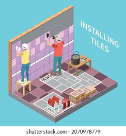 Ceramic tile installing background with two artisans glueing tiles to walls isometric vector illustration