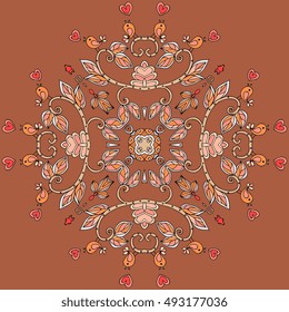 Ceramic tile, kerchief design, lovely tablecloth, bandana print, napkin, beautiful card with hearts, cute cartoon birds and leaves. Vector illustration.