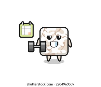ceramic tile mascot cartoon doing fitness with dumbbell , cute design