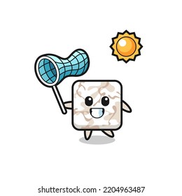ceramic tile mascot illustration is catching butterfly , cute design