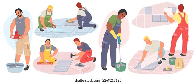 Ceramic tile master working on home renovation isolated vector set. Cartoon repairman tiling illustration. Professional handyman providing house construction and repair service