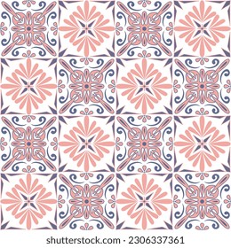 Mosaico cerámico de baldosas, diseño de la pared de la ilustración vectorial. Color lila rosa violeta color pastel ornamentado con un patrón impecable