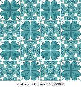 Mosaico cerámico de azulejos al estilo marroquí, ilustración vectorial. Color de contraste esmeralda verde ornamentado patrón sin fisuras