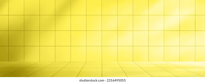 Ceramic tile on bathroom wall and floor. Background with mosaic texture of yellow squares in perspective view. Kitchen, toilet or pool interior with lemon tile, vector realistic illustration