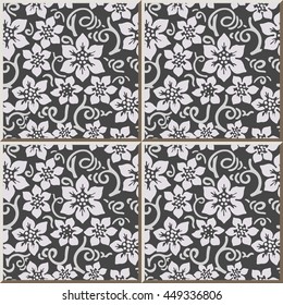 Ceramic tile pattern 312_vintage white flower spiral curve stem