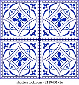 Ceramic tile pattern. Abstract background pattern with flowers blue. Seamless linear pattern. Decorative wallpaper. ​Vector EPS10