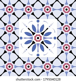 ceramic tile pattern, Big ceramic element in center is frame, colorful seamless wallpaper decor, Portugal ornament, Moroccan mosaic, pottery folk print, carpet, Spanish tableware, vintage tiles design