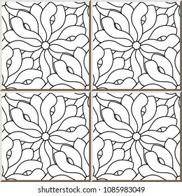 Ceramic tile pattern black white curve spiral outline cross flower kaleidoscope, oriental interior floor wall ornament elegant stylish design