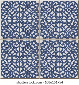 Ceramic tile pattern blue spiral curve cross frame tracery line, oriental interior floor wall ornament elegant stylish design