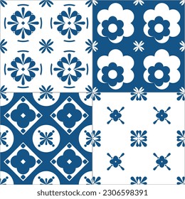 Ceramic tile pattern. Blue and white flower decoration vector illustration. Spain or Portugal vector seamless floral mosaic Lisbon mediterranean blue ornament ornamental tile background. Seamless tile