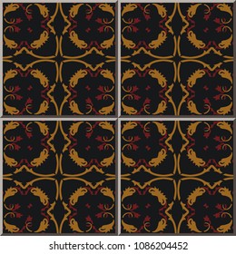 Ceramic tile pattern botanic garden spiral curve square cross vine leaf flower, oriental interior floor wall ornament elegant stylish design