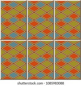 Ceramic tile pattern check diamond cross geometry frame, oriental interior floor wall ornament elegant stylish design