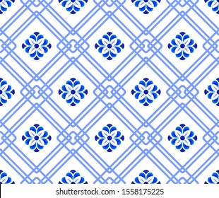 ceramic tile pattern, colorful seamless modern background, blue and white decorative wallpaper decor, Portugal ornament, Moroccan mosaic, pottery folk print, Spanish tableware, vintage tiled design
