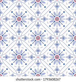 ceramic tile pattern, colorful seamless floral background, blue and white decorative wallpaper decor, Portugal ornament, Moroccan mosaic, pottery folk print, Spanish tableware, vintage tiles design