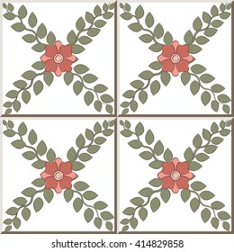 Ceramic tile pattern cross leaf vine pink flower