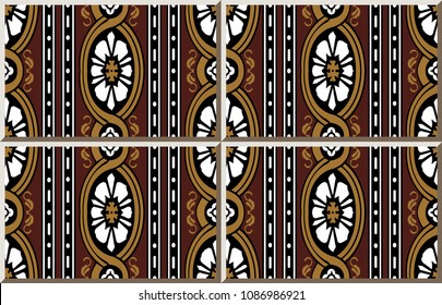 Ceramic tile pattern curve brown cross frame line white flower, oriental interior floor wall ornament elegant stylish design