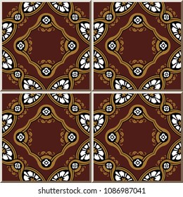 Ceramic tile pattern curve brown check cross frame line white flower, oriental interior floor wall ornament elegant stylish design