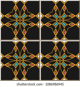 Ceramic tile pattern curve polygon cross gold frame line colorful diamond check gem, oriental interior floor wall ornament elegant stylish design