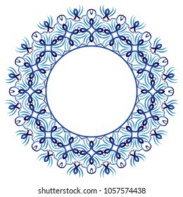 Ceramic tile pattern. Decorative round ornament. White background with art frame. Islamic, indian, arabic motifs. Porcelain pattern design. Abstract floral ornament border. Vector illustration