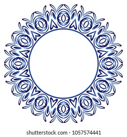 Ceramic tile pattern. Decorative round ornament. White background with art frame. Islamic, indian, arabic motifs. Porcelain pattern design. Abstract floral ornament border. Vector illustration