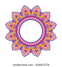Ceramic tile pattern. Decorative round ornament. White background with art frame. Islamic, indian, arabic motifs.