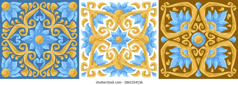 Ceramic tile pattern with flowers. Stylized image of water lily in pink and gold.