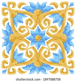 Ceramic tile pattern with flowers. Stylized image of water lily in pink and gold.
