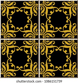 Ceramic tile pattern gold curve square spiral vortex cross frame crest, oriental interior floor wall ornament elegant stylish design
