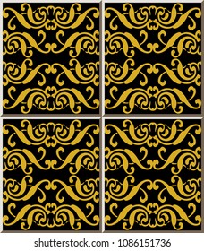 Ceramic tile pattern gold spiral vortex cross frame crest, oriental interior floor wall ornament elegant stylish design