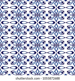 Ceramic tile pattern. Islamic, indian, arabic motifs. Damask seamless pattern. Porcelain ethnic bohemian background.  Abstract flower. Print for fabric and paper. Vector illustration