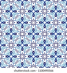 Ceramic tile pattern. Islamic, indian, arabic motifs. Damask seamless pattern. Porcelain ethnic bohemian background.  Abstract flower. Print for fabric and paper. Vector illustration