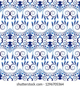 Ceramic tile pattern. Islamic, indian, arabic motifs. Damask seamless pattern. Porcelain ethnic bohemian background.  Abstract flower. Print for fabric and paper. Vector illustration