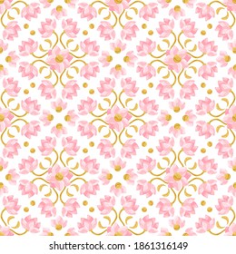 Ceramic tile pattern with lotus. Stylized image of water lily in pink and gold.