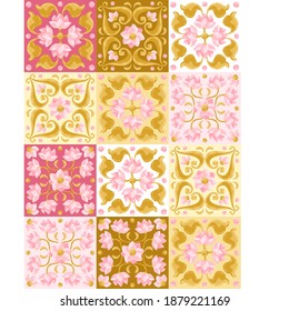 Ceramic tile pattern with lotus. Stylized image of water lily in pink and gold.