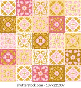 Patrón cerámico de azulejos con loto. Imagen estilizada de nenúfares en rosa y oro.