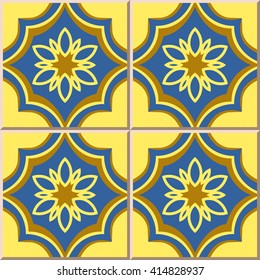Ceramic tile pattern oriental golden blue curve cross flower