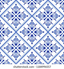 ceramic tile pattern, Porcelain decorative background design, blue and white floral decor vector illustration, beautiful ceiling backdrop damask and baroque style