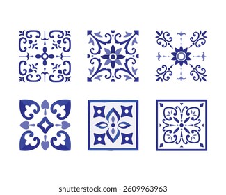 ceramic tile pattern, Porcelain decorative background design, blue and white floral decor vector illustration, Various square Tiles.