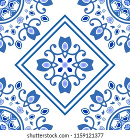 ceramic tile pattern in Portugal style, Azulejo, blue and white floral decorative design vector illustration