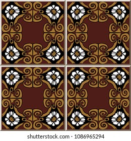 Ceramic tile pattern retro brown square spiral curve cross frame vine white flower, oriental interior floor wall ornament elegant stylish design