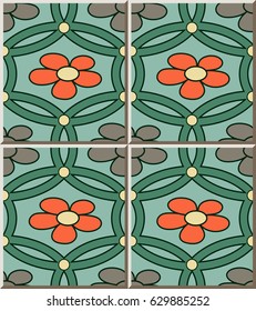 Ceramic tile pattern retro green round cross frame flower