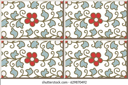 Ceramic tile pattern retro red white spiral curve leaf vine flower