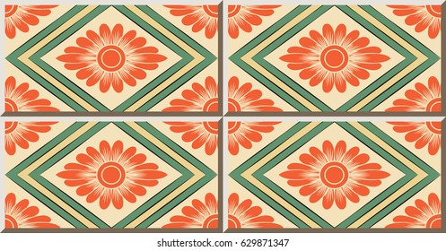 Ceramic tile pattern retro rhomb check sawtooth cross frame orange flower